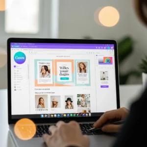 A user's hands focused on a laptop screen displaying the Canva design interface, symbolizing the creative visual content development provided by digital marketing services in Dubai to enhance brand aesthetics.