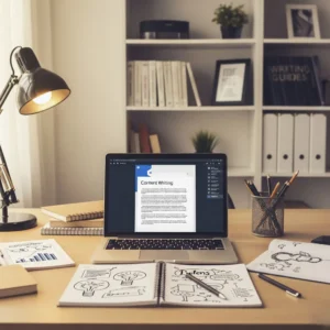 A well-organized workspace featuring a laptop open to a 'Content Writing' document, representing the meticulous and thoughtful content creation process offered by digital marketing services in Dubai to engage and inform audiences.