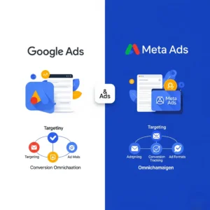 A visual comparison of Google Ads and Meta Ads platforms, highlighting how digital marketing services in Dubai strategically leverage both for powerful, targeted advertising campaigns and maximizing online reach.