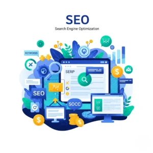 An illustrative graphic titled 'SEO - Search Engine Optimization,' depicting various digital tools and concepts, representing how digital marketing services in Dubai meticulously optimize websites for higher search engine rankings.