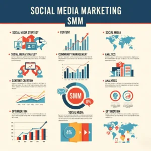 A vibrant infographic showcasing the diverse elements of Social Media Marketing (SMM), illustrating the comprehensive social media strategies employed by leading digital marketing services in Dubai to connect with audiences.