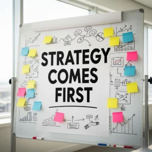 A whiteboard filled with hand-drawn diagrams, sticky notes, and the bold statement 'STRATEGY COMES FIRST,' emphasizing the foundational strategic planning that drives successful digital marketing services in Dubai.