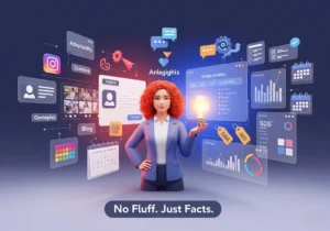 A vibrant, stylized 3D character with bright red curly hair, dressed in business attire, stands confidently holding a glowing lightbulb, representing innovative ideas. She is surrounded by a dynamic array of interconnected digital marketing elements: social media icons, a video player, a blog interface, Google Analytics dashboards with graphs, calendars, and thought bubbles, all underpinned by the clear statement: "No Fluff. Just Facts." This symbolizes the comprehensive and data-driven approach of a freelance digital marketer in Dubai