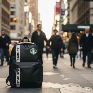 A sleek, black backpack with a familiar coffee shop logo rests on a city sidewalk, symbolizing readiness and the tools carried by a driven professional. Blurred figures of people walk in the background, capturing the bustling energy of an urban landscape, perfect for a mobile freelance digital marketer in Dubai.