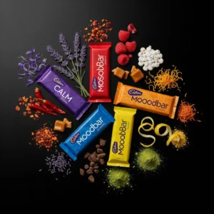 A captivating aerial view showcases four vibrantly colored Cadbury Moodbars (Calm, Mosoodbar, Moodbar Blue, and Moodbar Yellow) arranged on a dark background, each surrounded by its unique, natural ingredients: lavender, chili flakes, raspberries, caramel, orange zest, chocolate chips, and matcha powder. It's a visual feast of diverse flavors and creative combinations, akin to the varied strategies a freelance digital marketer in Dubai employs.