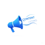 A vibrant blue megaphone, angled as if mid-announcement, has the words "CONTENT MARKETING" energetically flowing out from its wide mouth. It represents the powerful voice and amplified reach that well-crafted content brings to any brand, a crucial asset for a freelance digital marketer in Dubai.