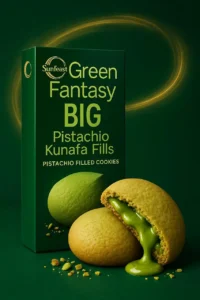 A vibrant green box of "Sunfeast Green Fantasy BIG Pistachio Kunafa Fills" stands alongside two tempting cookies, one perfectly whole and the other broken open to reveal a lush, gooey pistachio filling. Scattered crumbs hint at the deliciousness, inviting you to discover a surprising delight within, much like the pleasant results a skilled freelance digital marketer in Dubai can deliver.