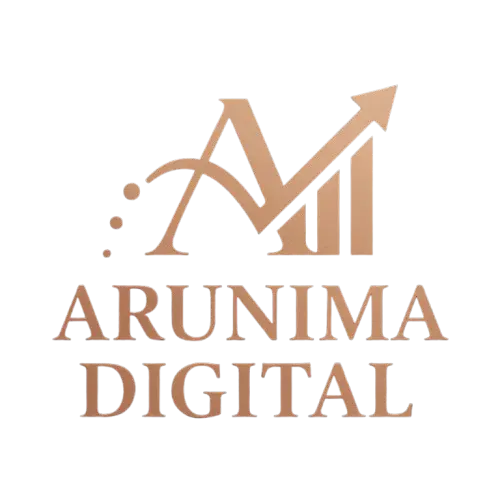 A striking bronze-toned logo features the elegant, stylized initial 'M' with a distinct upward-pointing arrow integrated into its design, symbolizing growth and progress. Below, the words "ARUNIMA DIGITAL" are prominently displayed, establishing a professional and forward-thinking brand identity for a freelance digital marketer in Dubai.