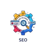 A dynamic, multi-colored gear icon, central to the image, represents the intricate workings of SEO. Within its segments are symbols of key SEO components: a magnifying glass for research, a dashboard for analytics, keyword text, and a user profile icon, all with arrows indicating a continuous process. The strong letters "SEO" below prominently identify the idea. This graphic illustrates the complex yet integrated mechanism of search engine optimization, driven by a skilled freelance digital marketer in Dubai.
