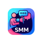 A vibrant, stylized icon in shades of blue and pink depicts a simplified human figure holding a megaphone, with a speech bubble suggesting communication and interaction. The bold white letters "SMM" are prominently displayed below, clearly representing social media marketing. This graphic symbolizes the power of engaging conversations and amplified messages on social platforms, a key service for a freelance digital marketer in Dubai.