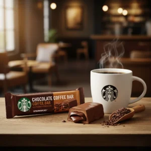 A tempting scene features a steaming white mug with the Starbucks logo, filled with dark coffee, emitting delicate wisps of steam. Beside it lies a Starbucks "Chocolate Coffee Bar," partially unwrapped to reveal its rich, chocolatey interior. A small wooden scoop filled with chocolate shavings completes the composition, evoking warmth, indulgence, and the perfect blend of elements—much like a well-executed digital marketing strategy from a freelance digital marketer in Dubai.