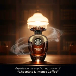 An elegantly designed perfume bottle, featuring the iconic Starbucks logo and labeled "CHOCOLATE & INTENSE COFFEE," stands gracefully on a wooden surface. Wisps of smoke gently curl around the bottle, suggesting a rich, captivating aroma, while a warm, diffused light from a lamp in the background creates an inviting ambiance. The accompanying text invites an experience of "Chocolate & Intense Coffee," symbolizing sensory branding and deep connection—a goal for any freelance digital marketer in Dubai.