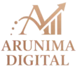 A striking bronze-toned logo features the elegant, stylized initial 'M' with a distinct upward-pointing arrow integrated into its design, symbolizing growth and progress. Below, the words "ARUNIMA DIGITAL" are prominently displayed, establishing a professional and forward-thinking brand identity for a freelance digital marketer in Dubai.