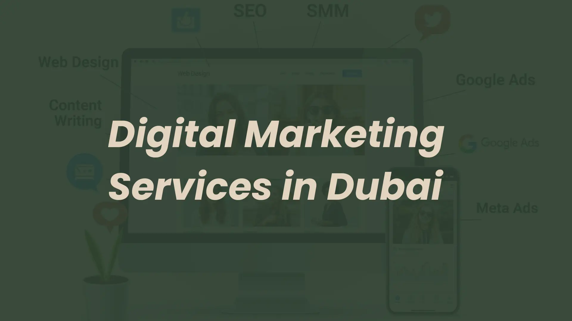 A warm, inviting visual outlining the comprehensive digital marketing services in Dubai, with a laptop and smartphone subtly displaying web design and social media elements, hinting at the diverse expertise offered to help businesses thrive online.