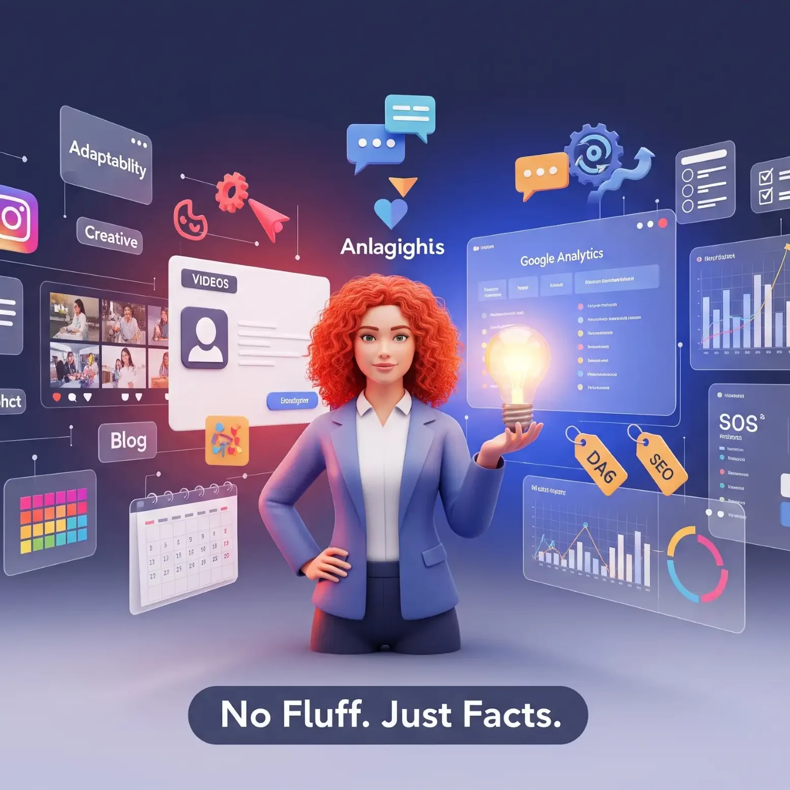 A vibrant, stylized 3D character with bright red curly hair, dressed in business attire, stands confidently holding a glowing lightbulb, representing innovative ideas. She is surrounded by a dynamic array of interconnected digital marketing elements: social media icons, a video player, a blog interface, Google Analytics dashboards with graphs, calendars, and thought bubbles, all underpinned by the clear statement: "No Fluff. Just Facts." This symbolizes the comprehensive and data-driven approach of a freelance digital marketer in Dubai