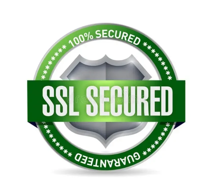 A bold, circular emblem features a gleaming silver shield centered within a green banner proclaiming "SSL SECURED." The outer ring, also green, is adorned with stars and the word "GUARANTEED. A freelance digital marketer in Dubai needs to be able to vividly communicate a guarantee of 100% security and reliability in the digital sphere.